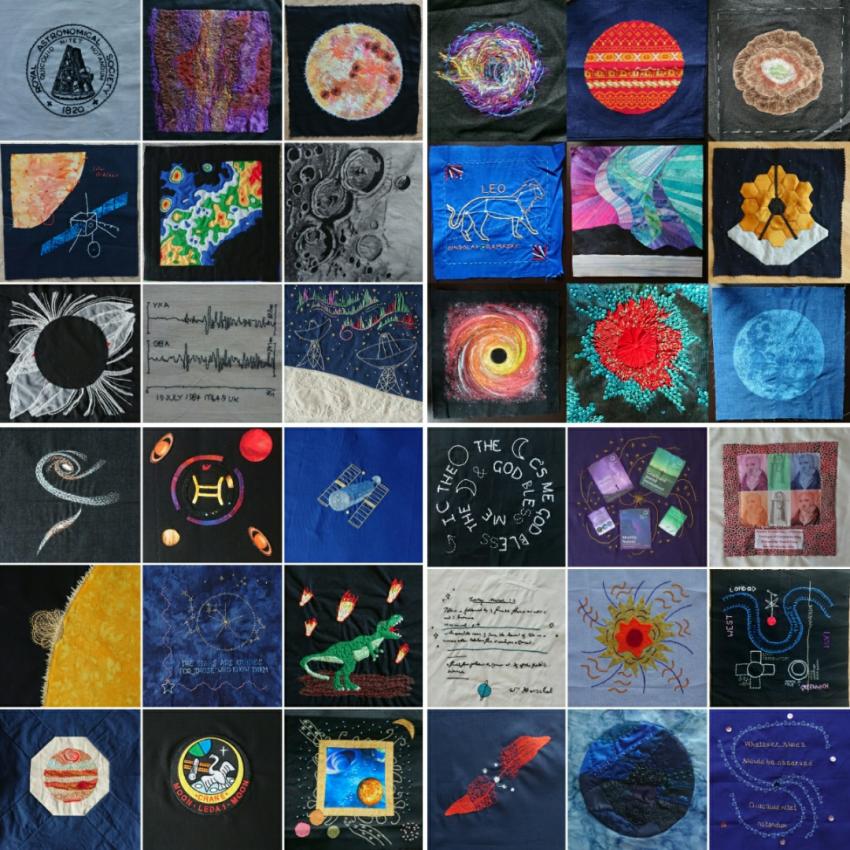 Patchwork squares with astronomical and geophysical themes.