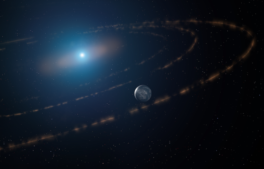 An illustration of a blue-white hued star in space surrounded by rings of orange and brown coloured planetary material. A small planet, blue in colour, lies just off the centre of the image.