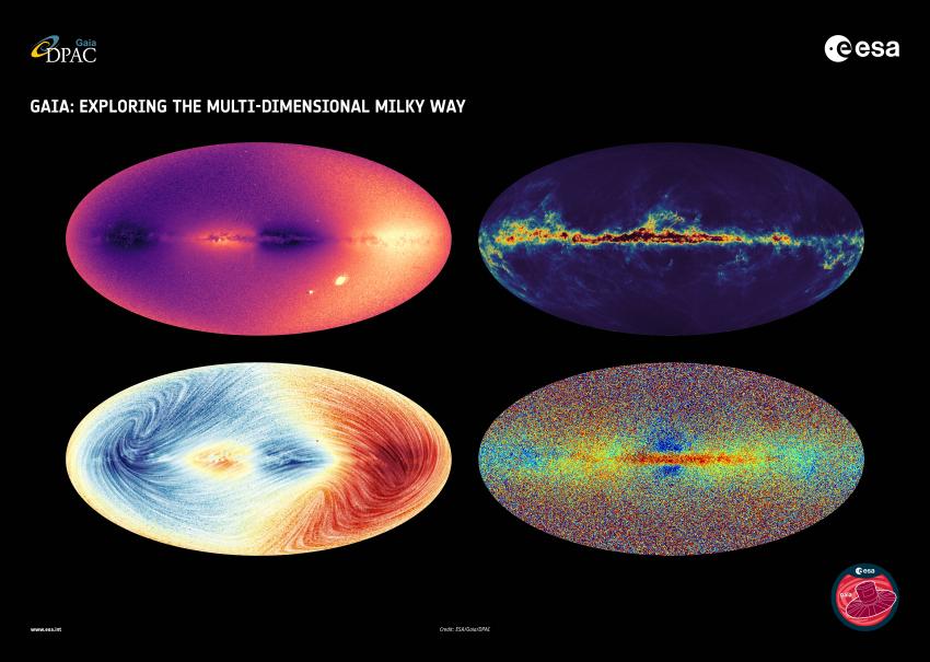 4 different sky maps overlaid on a black background with the ESA, DPAC and Gaia logos in the top right, top left and bottom right corners respectively.