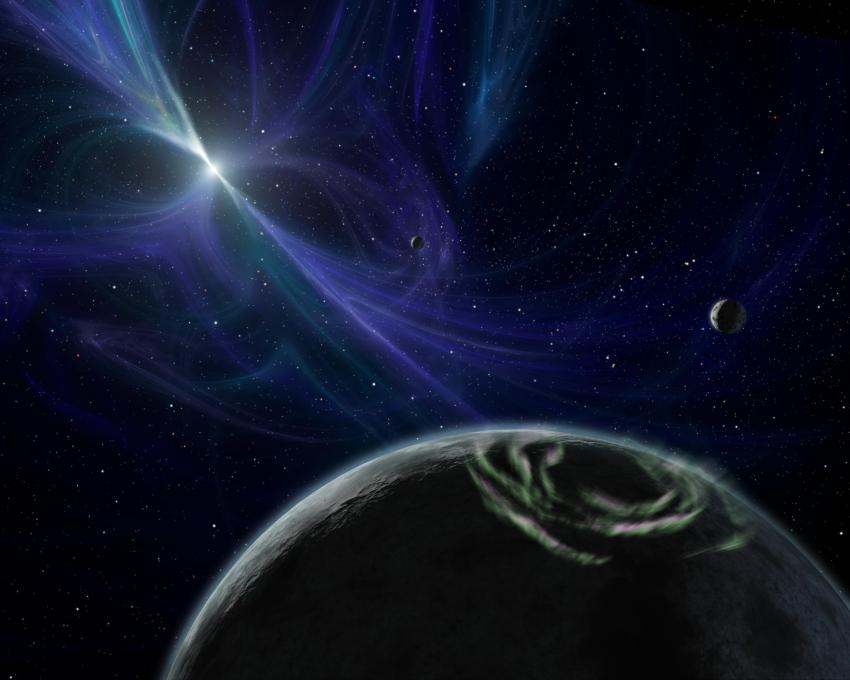 The artist's impression shows a blue and white hued pulsar in the background and a large dark planet in the foreground. 