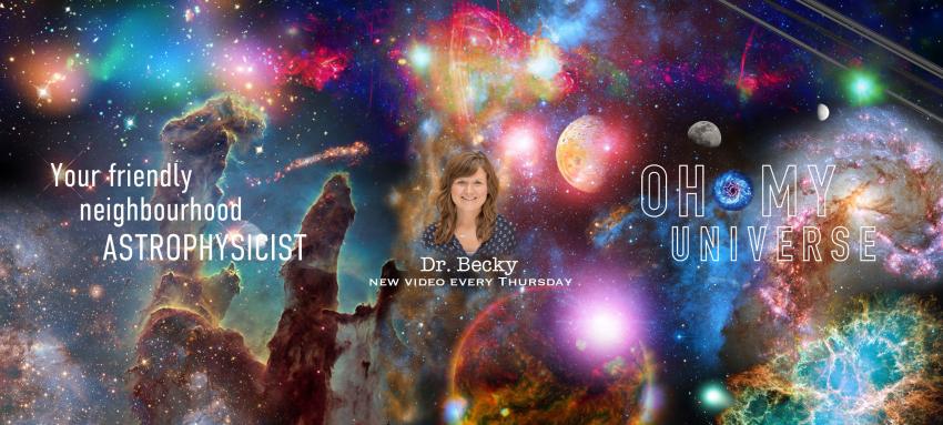 An image of Dr Rebecca Smethurst, aka Dr Becky, on a backdrop of a composite image of different nebulae and galaxies.