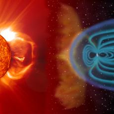 An illustration of material being ejected from the Sun (left) interacting with the magnetosphere of the Earth (right)