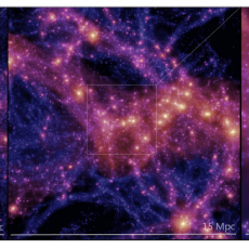 Images showing the simulation - 3 different figures depict glowing pink and purple tendrils against the black background of space. In the third, 2 yellow-white orbs are labelled 'MW' for Milky Way and M31.