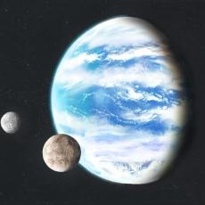 Artist's impression shows a blue and white ocean covered planet with 2 small grey moons.