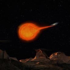 Image shows the surface of a rocky planet in the foreground in the lower half of the picture, a starry sky above with a red dwarf star. Material from the star is being pulled on to a small white dwarf star in a curving path.