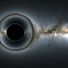 Image shows the Milky Way distorted by a large circular object that is a black hole.