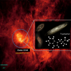 An image of the star-forming region IC348 overlaid with an image of the tryptophan molecule. 