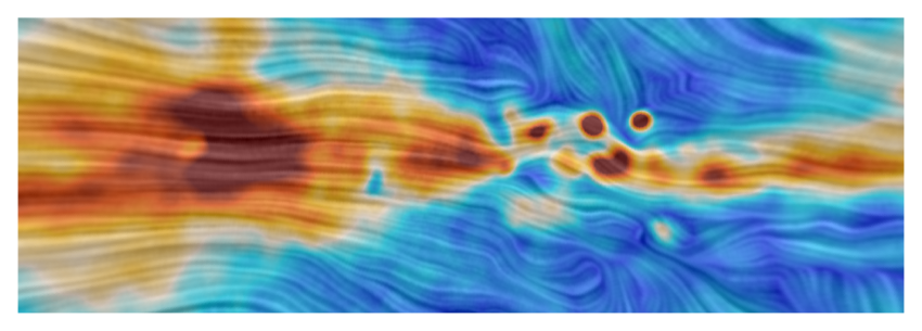 A bright multicoloured array of swirls. The core of the Milky Way is depicted by the darkest red blobs and swirls, with orange eddies and flows visible around the darker areas. The rest of the image is varying shades of blue and green.